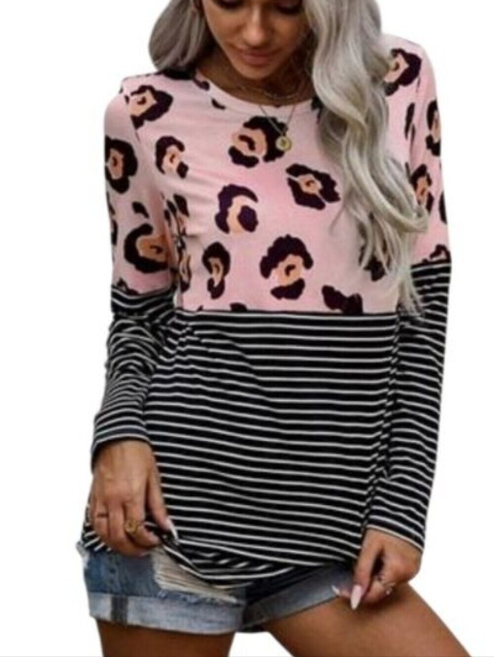 TRÏBE Pink & Black Animal Print Striped Long Sleeve Top Size Large NWT